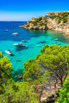 Majorca Spain Mediterranean Sea Coast bay with boats at Santa Ponsa