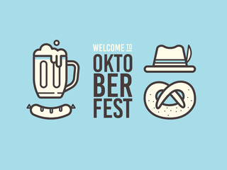 Linear of icons on theme of beer festival: beer mug, sausage, pretzel, bavarian hat. Oktoberfest beer festival.