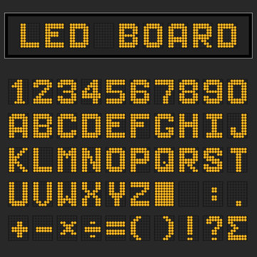 Orange LED digital english uppercase font, number and mathematics symbol display on black background