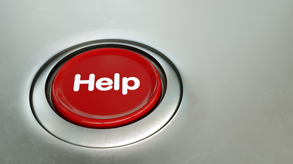red help button on metal surface 3d rendering