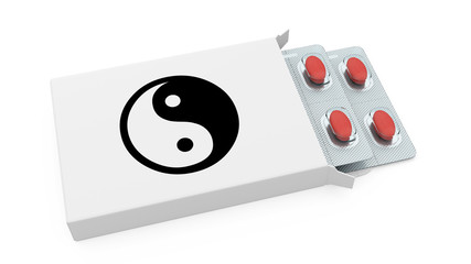 white pill box with yin yang symbol 3d rendering