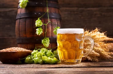 Fotobehang Mug of beer with green hops and wheat ears © Nitr