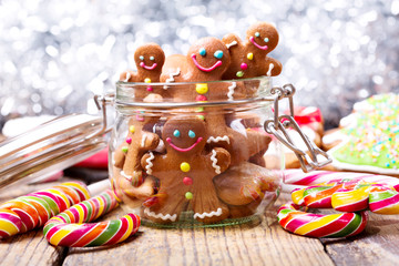 Christmas homemade gingerbread cookies in a glass jar