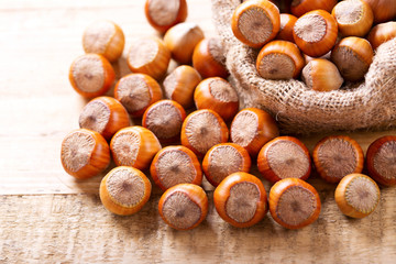 hazelnuts on wooden table