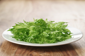 green frillice lettuce on white plate on wooden table