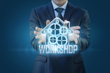 Businessman showing a training on a blue background.
