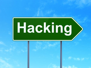 Protection concept: Hacking on road sign background