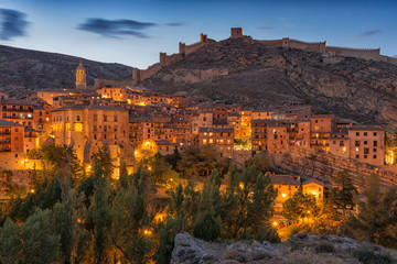 Views over Albarracin with lights. Aragon, Spain