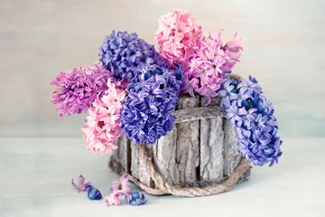 Crédence en verre imprimé Jacinthe Belles fleurs de jacinthe dans un panier sur un fond texturé.