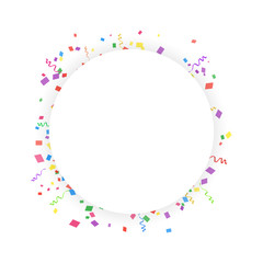 Round banner on a white background with colored confetti and ribbons. Vector illustration