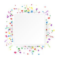 A square banner on a white background with colored confetti and ribbons. Vector illustration