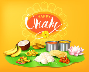 Naklejka premium Happy Onam background with traditional food (sadya) served on banana leaf for South India harvest festival. Vector illustration.