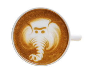 Top view of hot coffee latte cup with creative milk foam latte art "elephant" isolated on white background, clipping path included.