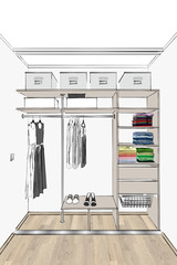 3D rendering. Modern wardrobe with folded and hanging clothes. Front view.