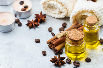 Organic essential oil with coffee spices cinnamon, spa concept
