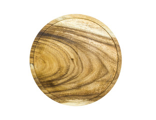 Wooden circle plate isolated on white background from top view. Clipping path.