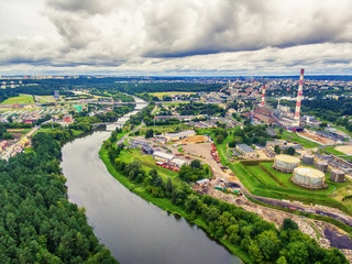 Vilnius, Lithuania: aerial UAV top view of Neris river and industrial area in Vilkpede in the summer - 169319118