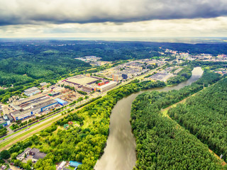 Vilnius, Lithuania: aerial UAV top view of Neris river and industrial area in Vilkpede in the summer - 169319187