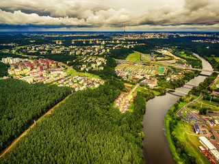 Vilnius, Lithuania: aerial UAV top view of Neris river and park in Bukciai in the summer