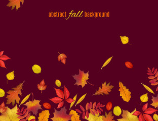 Autumn leaves isolated on brown background. Abstract fall background for your greeting cards design or website. Vector illustration