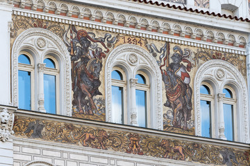 Obraz premium Pilsen, Czech Republic - August 16, 2017: Detail of a facade of an ancient building in the historic center of the city