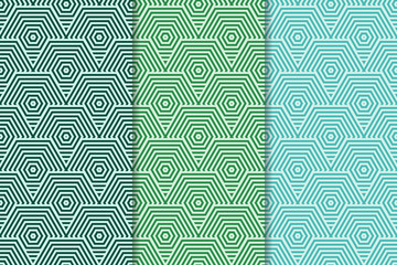 Naklejka premium Geometric set of green seamless patterns for design