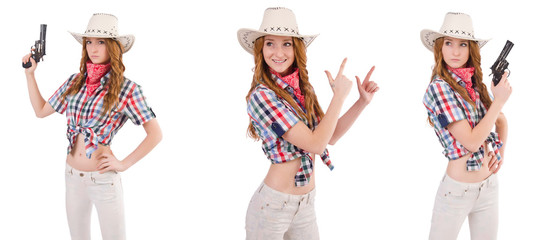 Redhead cowgirl with gun  isolated on white
