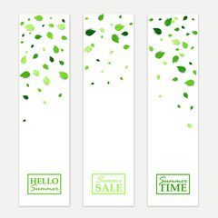 Vector creative summer vertical banners set with flying green 3d leaves. Summer design. All isolated and layered