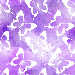 Fototapeta na wymiar Abstract watercolor seamless pattern with butterfly silhouettes. Acrylic or watercolour brush strokes, blots and drops. Perfect for textile, flyers, business cards background