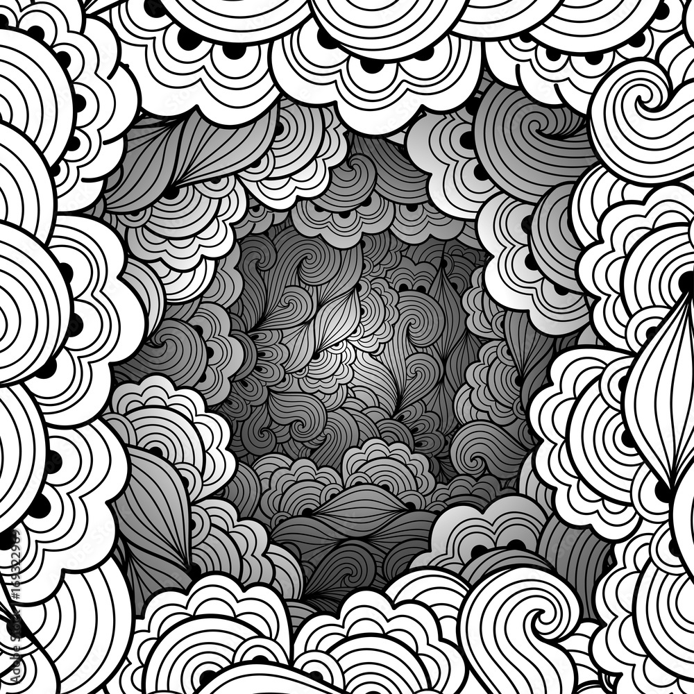 Wall mural Monochrome pattern with waves and floral motifs. Texture with volumetric doodle elements. Paper art background in doodle style. Vector 3d illustration. Abstract ornate art