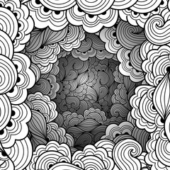 Monochrome pattern with waves and floral motifs. Texture with volumetric doodle elements. Paper art background in doodle style. Vector 3d illustration. Abstract ornate art