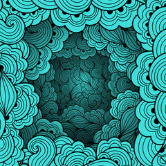 Abstract pattern with waves and floral motifs. Texture with volumetric doodle elements. Paper art background in doodle style. Vector 3d illustration. Abstract ornate art