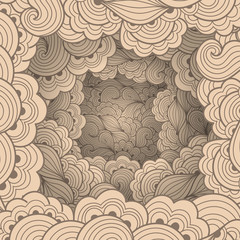 Abstract pattern with waves and floral motifs. Texture with volumetric doodle elements. Paper art background in doodle style. Vector 3d illustration. Abstract ornate art