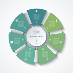 Circle infographic template. Process wheel. Vector pie chart. Business concept with 7 options, parts, steps. Can be used for diagram, graph, chart, step by step infographics, web design