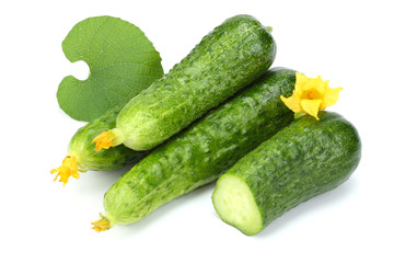 cucumber with leaf isolated on white background