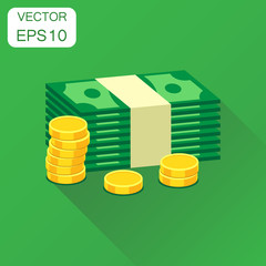 Stacks of gold coins and stacks of dollar cash icon. Business concept money pictogram. Vector illustration on green background with long shadow.