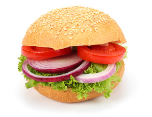 bbq hamburger with vegetables, spices isolated on white background