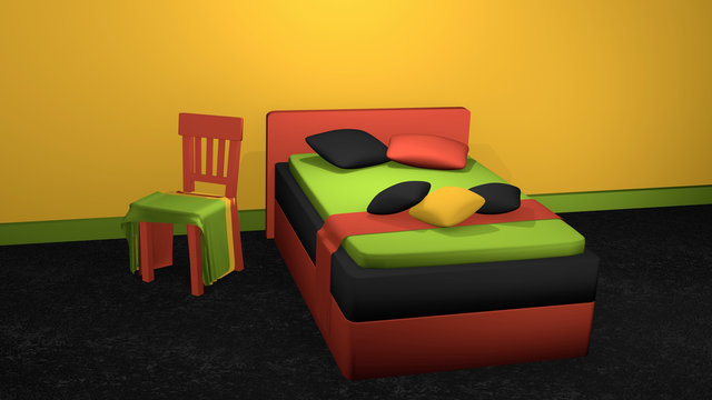 stylisches Bett in kräftigen Farben mit dekorativen Stuhl
