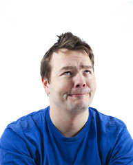 Obraz premium Caucasian man looking weird and funny. The man isolated on white.