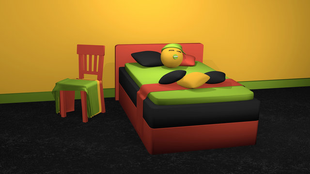 stylisches Bett in kräftigen Farben mit schlafendem Emoticon und dekorativen Stuhl