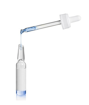 Medical ampoule with cosmetic pipette, isolated on white backgroundd
