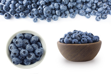Set of blueberries isolated on white background. Berries at border of image and blueberries in bowls. Background berries.