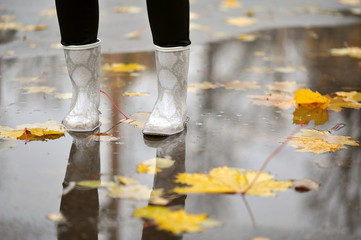 Autumn in the city. Walk in rubber boots over puddles.