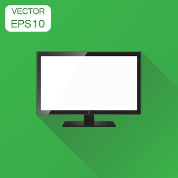 Realistic tv screen icon. Business concept television pictogram. Vector illustration on green background with long shadow.