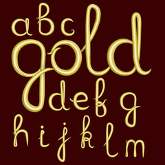 A set of lowercase Latin letters made of thick golden cream. Font is isolated by a velvety dark crimson background. Letters have 3D effect.  Part 1. Vector illustration.