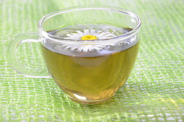 Cup of camomile tea with camomile flowers.