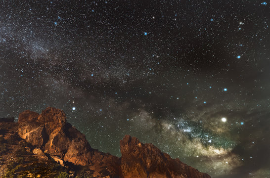 Mountainous Rock Formations At Night With Milky Way Overhead