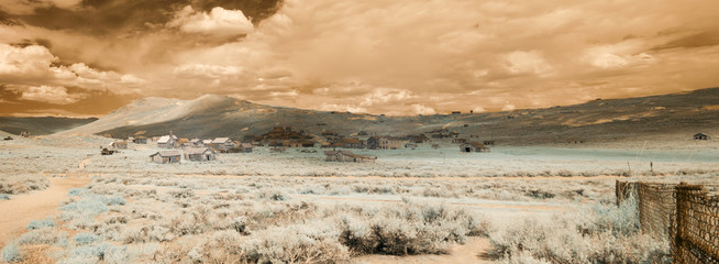Panorama of ghost town in Bodie, California in infrared
