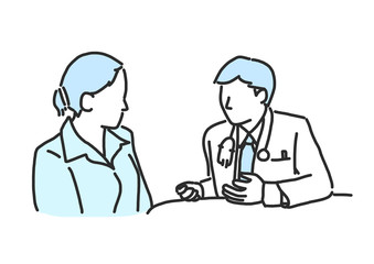 A doctor is giving treatment to a patient. line drawing. hand drawn. vector illustration.