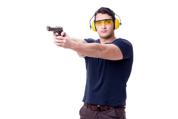 Man doing sport shooting from gun isolated on white